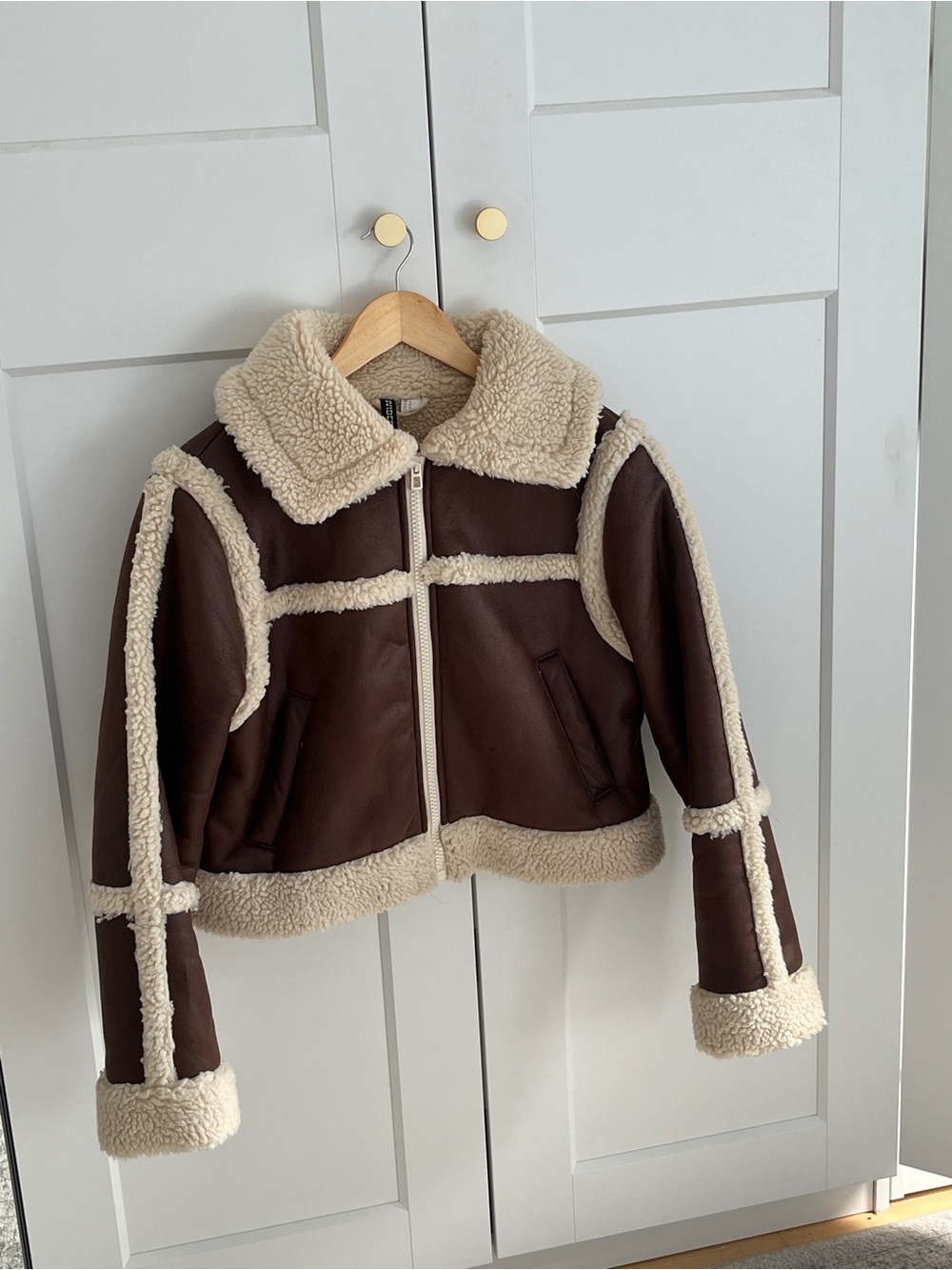 H&M Brown Faux Shearling Puffer Jacket with Cream Trim - Kids